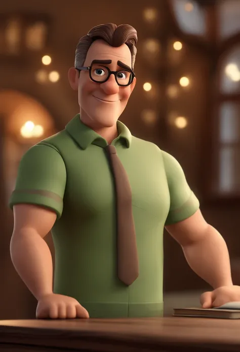 Criar uma imagem de um homem de 46 anos professor, sorrindo, usando oculos retangular, sendo musculoso. Na imagem o homem deve estar segurando livros. o estilo da imagem deve ser ser pixar- disney 3 d. Caractere estilizado, animation style rendering, 3D es...