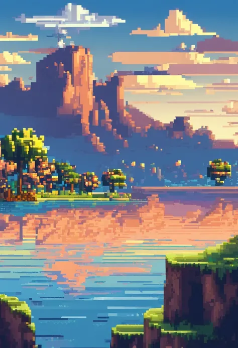 Pixel art tourist landscape. evening. 3D pixel art 4K wallpaper. Incredible pixel art details. Pixel art. steam wave. Detailed Unreal Engine pixel art