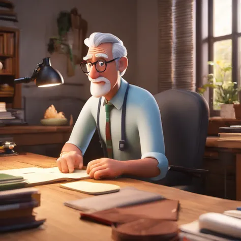 Create a Disney Pixar-inspired poster with the character being a gray-haired man wearing glasses, in an office with a Bible on the table, Looking forward and serious