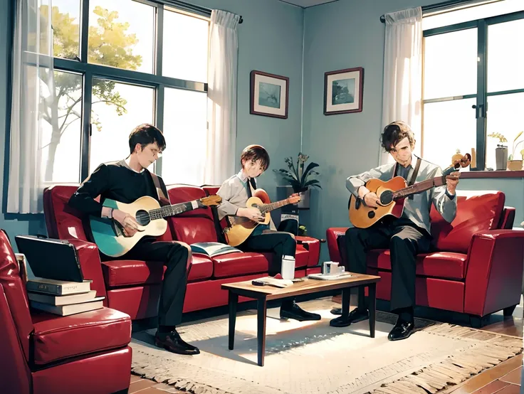 Create a father playing ukulele with 2 boys and 1 girl on black sofa in living room