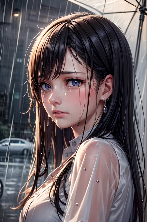 Photorealistic, Highest Quality, Top resolution, super detailed, 16 K, Movie Lighting, (rainy evening:1.4),(Night:1.4), (Crying:1.4),(Tears:1.4), Big tears, Wet in the rain, Wet hair, Street lamp light, Detailed eyes, Expression of sadness, Tears run down ...