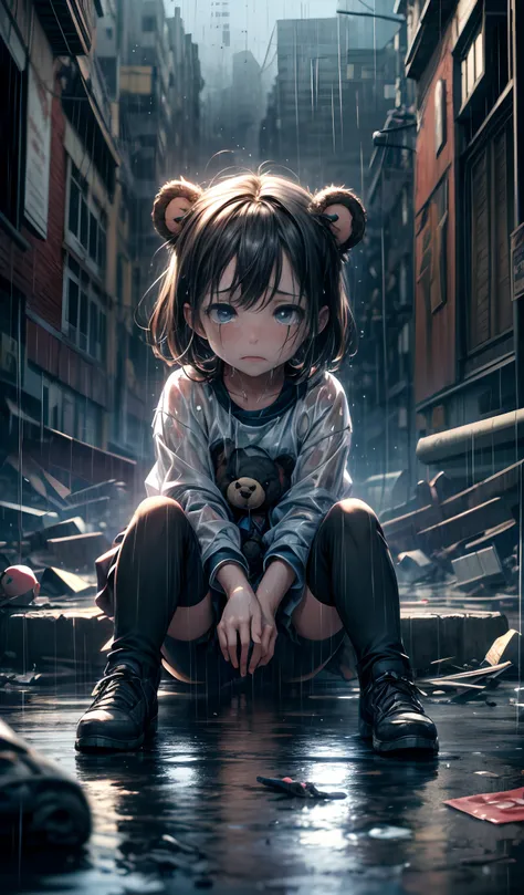 masterpiece, concept art, photography, medium shot, child, sitting, tattered clothes, teddy bear doll beside her, focus shot, cinematic, crying, under (heavy rain:1.4), (night:1.2), rubble building in the background, sad, melancholy, (epic composition, epi...