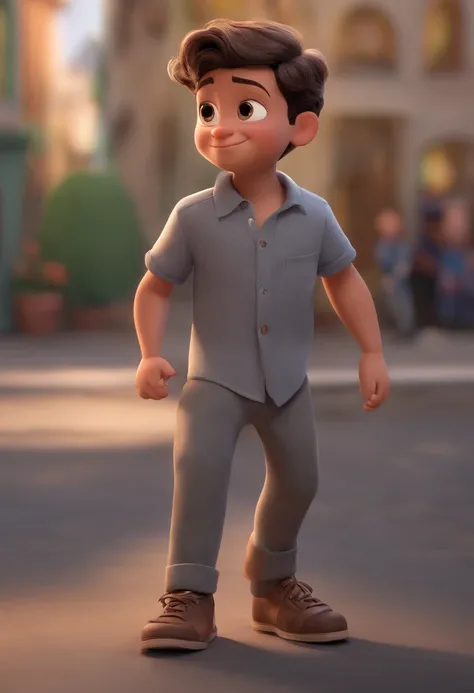 Image of a boy in gray shirt and gray pants ,for a story in a YouTube video in Pixar format, Hes the little allabester, Hes the class leader, Hes outgoing, Playful and gets up for a lot of things