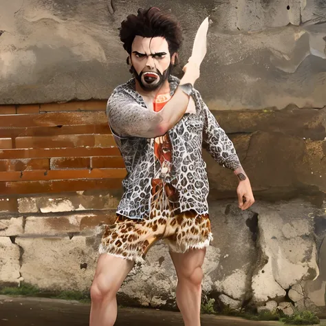 Araffe vestido com camisa com estampa de leopardo e shorts segurando uma faca, vestindo roupas de homem das cavernas, wearing barbarian caveman pelt, usando roupas de pele de animais, Ray Guilherme Johnson, Trippie assustado, posando pronto para uma luta, ...