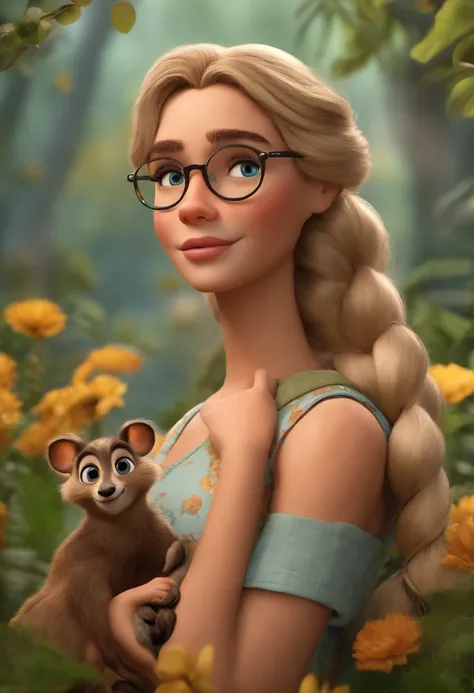 Disney pixar casal: um jovem, O homem tem cabelos e olhos castanhos, sony a camera. The woman has blonde hair tied in a braid and blue eyes wearing delicate glasses. roupas camufladas. Animais e floresta ao fundo