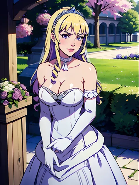 constance_timeskip, bangs, purple eyes, blonde hair, wearing makeup, lipstick, eye shadow, hair between eyes, ahoge, hair ornament, gloves, dress, cleavage, bare shoulders, collarbone, white oprea gloves, white gloves, white dress, strapless, white choker,...