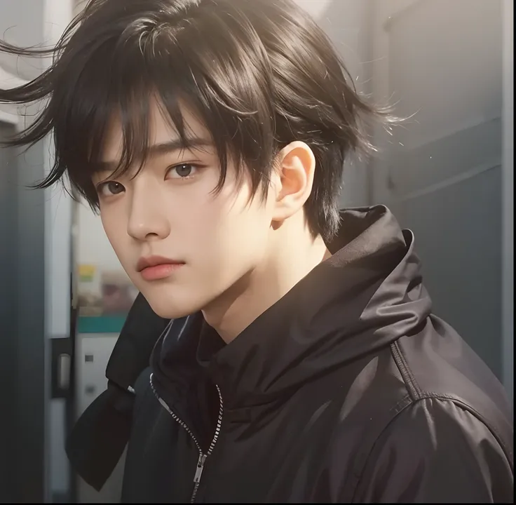 A boy with realistic black hair, exactly the same hairstyle, realistic Korean handsome face, realistic cool expression, realistic cold eyes, exactly the same clothes,Realistic light, realistic shadows, realistic background