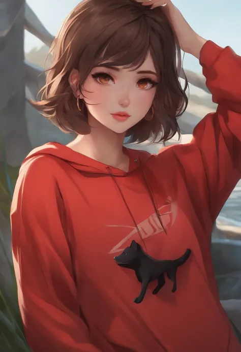 1 girl, Brown short hair, Brown eyes, red sweatshirt, Big breasts