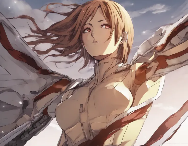 female titan from the attack on titan anime, without clothes, long brown hair scars