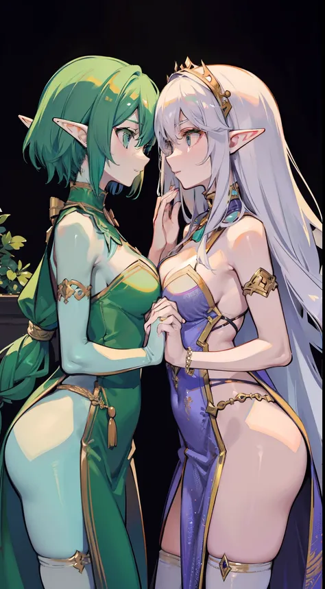 Two female elves，Equal stature，Hold each other，Look face to face