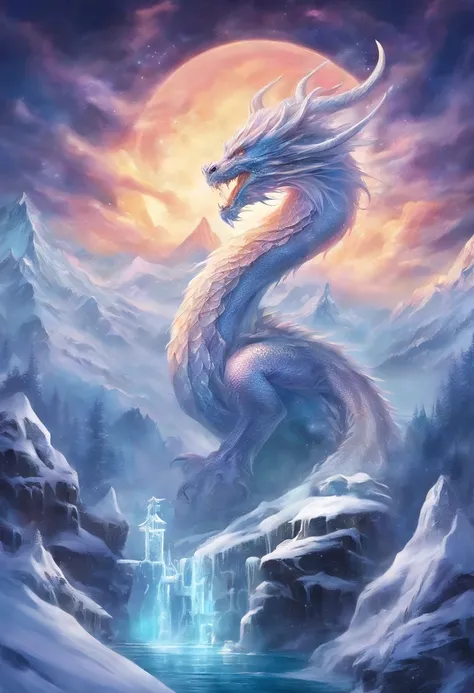 snow mountains, ice Dragon, The dragons body is huge and boundless、Fill the sky、The cold light of the dragons eye is terrifying，Do not dare to look directly