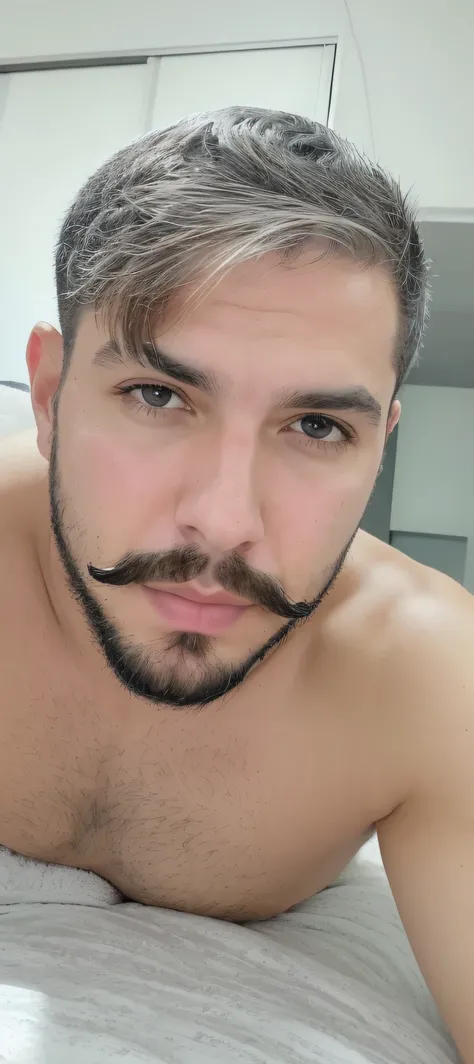 homem com barba e bigode deitado em uma cama, rosto largo raspado limpo, selfie de um homem, inspired by Antônio Parreiras, Homem de 32 anos, barbeado limpo. Added to the perfect Centralization, Fantastic Particles, Delight, Standing position, beleza abstr...