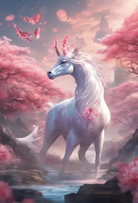 China style，Chinese mythology，Unicorn，faucet，Large antlers，White dragon scales，Four-limbed horseshoe，has horns on its head，tosen，Ferocious，immensity，The eyes glow blue light，field，Huge butterflies，Surrounded by clouds，中景 the scene is，Full body like， highly...