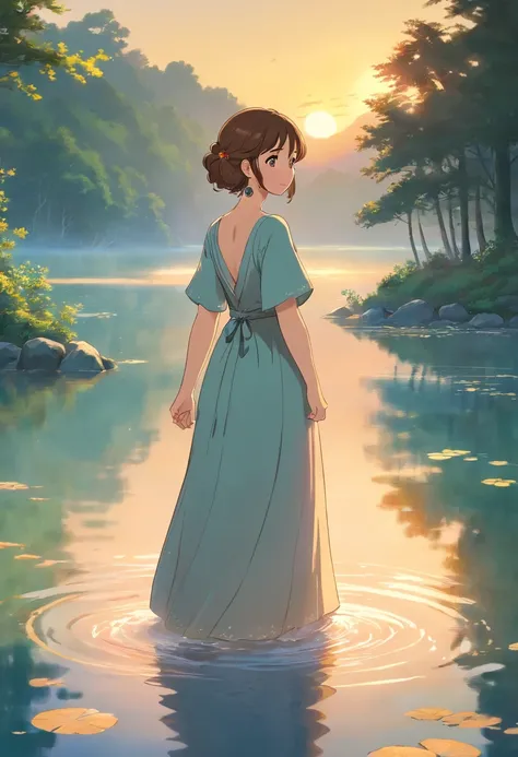 A girl with short ash brown hair, wearing earrings, has a flowy long gown on, wading in a tranquil lake, ultra detail, dawn, orange lighting