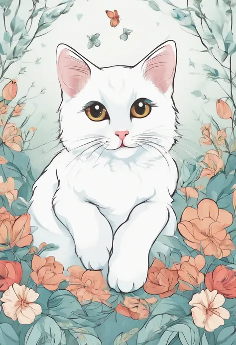 Cute cat,Animated graphics,Creative colors,White cat,Funny style,background with charming colors,Coloring book style