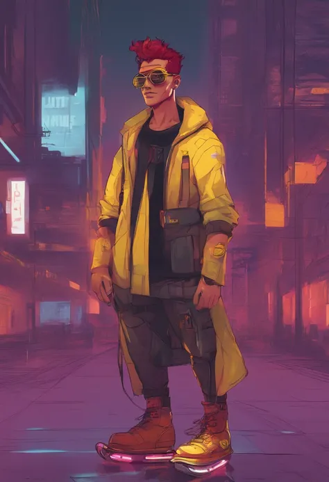 Tall man with tanned skin. Wine red wavy hair with an undercut. Lemon yellow eyes, and wearing aviator glasses. Cyberpunk outfit style and wearing cool roller skates .