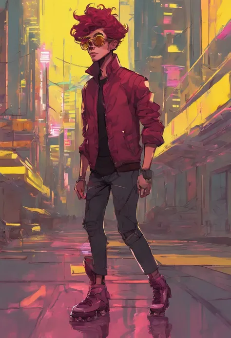 Tall man with tanned skin. Wine red wavy hair with an undercut. Lemon yellow eyes, and wearing aviator glasses. Cyberpunk outfit style and wearing cool roller skates .