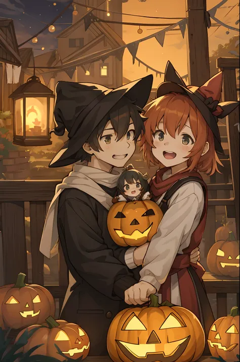 Create a detailed, high-quality fan art cover for a doujinshi based on a slice-of-life anime series, featuring a close-knit family enjoying Halloween together. The scene should depict a festive and joyous atmosphere, with the family members laughing and su...