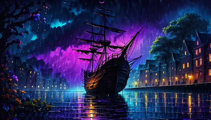 (((digital painting masterpiece that captures the essence of Rainy night art:1.3))), bridge of stars, pirate ship sea ​​of ​​light with rain, water ripples, crepuscular, dark synth, moves forward without fear of making mistakes, swaying in the wind, face d...