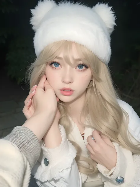 Blond-haired girl with blue eyes and a white furry hat, Ulzzang, muito bonita gatinha fofa, longos cabelos loiros e olhos grandes, Lalisa Manobal, pale porcelain white skin, pale snow white skin, kawaii retrato realista, ultrarrealista doce coelhinho menin...