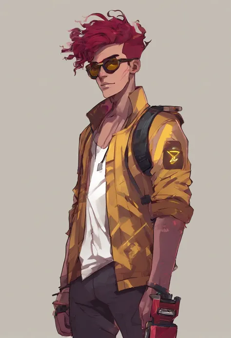 Tall man with tanned skin. Wine red wavy hair with an undercut. Lemon yellow eyes, and wearing aviator glasses. Cyberpunk outfit style and wearing cool roller skates .