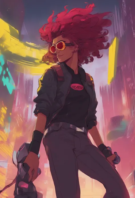 Tall man with tanned skin. Wine red wavy hair with an undercut. Lemon yellow eyes, and wearing aviator glasses. Cyberpunk outfit style and wearing cool roller skates .