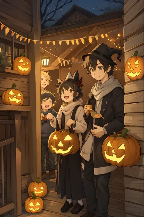 Create a detailed, high-quality fan art cover for a doujinshi based on a slice-of-life anime series, featuring a close-knit family enjoying Halloween together. The scene should depict a festive and joyous atmosphere, with the family members laughing and su...