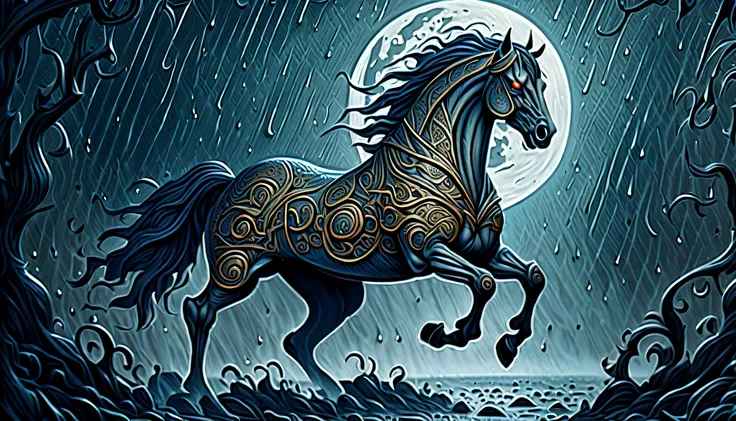 (((hazy moon night:1.5))), (((heavy rain:1.6))), (((dark fantasy boss monster creature grim nightmare horse of intricate insane detailed:1.3))), (((intricate details:1.3))), (((ultimate quality of marker illustration:1.3))), (((fear wish:1.4))), (intricate...