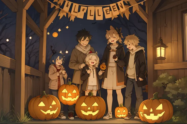 Create a detailed, high-quality fan art cover for a doujinshi based on a slice-of-life anime series, featuring a close-knit family enjoying Halloween together. The scene should depict a festive and joyous atmosphere, with the family members laughing and su...