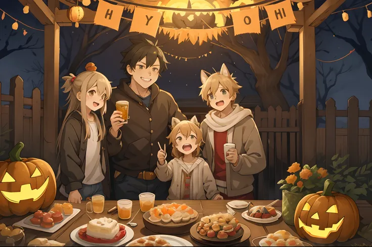 Create a detailed, high-quality fan art cover for a doujinshi based on a slice-of-life anime series, featuring a close-knit family enjoying Halloween together. The scene should depict a festive and joyous atmosphere, with the family members laughing and su...