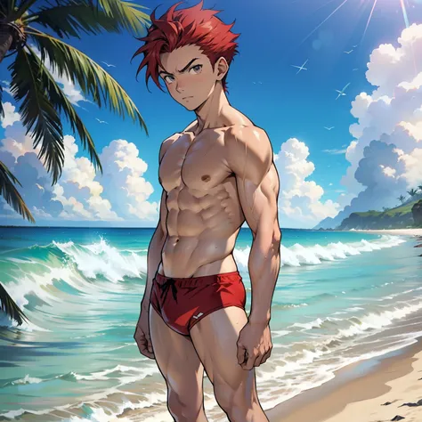 Generate an anime-style image of a very handsome 12-year-old boy ((A boy)) A red hair，Slim and thin, But there are some muscles on the beach, of a shirtless (Topless) And in a swimsuit.