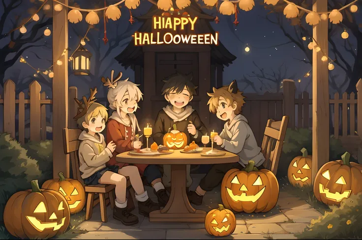 Create a detailed, high-quality fan art cover for a doujinshi based on a slice-of-life anime series, featuring a close-knit family enjoying Halloween together. The scene should depict a festive and joyous atmosphere, with the family members laughing and su...