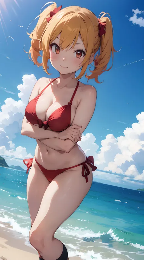 anime girl in extremely short red bikini, seductive anime girl, short yellow hair, 4k anime style, ecchi anime style, best 4k anime wallpaper, extremely small boobs, bow on right leg, camera view from above