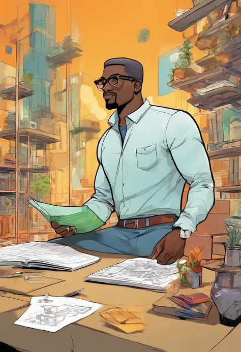 Disney Pixar-style illustration of a black man dressed as a successful architect. It stands next to a 3D model of a futuristic building on a table, com plantas espalhadas. The setting is a well-lit design studio and its expression is one of pride and deter...