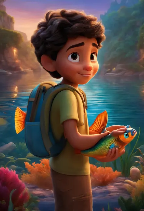 Uma imagem inspirado na Disney Pixar (MENINO jovem, loiro, pescando) dentro da imagem, Being with the fish in your hand, sorrindo e pulando, como uma inagem da pixar.