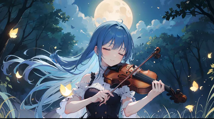 (best quality,16k,masterpiece) a girl with blue hair, long hair,(playing the violin), under the moonlight, in a field full of (fireflies), closed eyes, gentle smile, a deep feeling of melancholy fill up the scene.