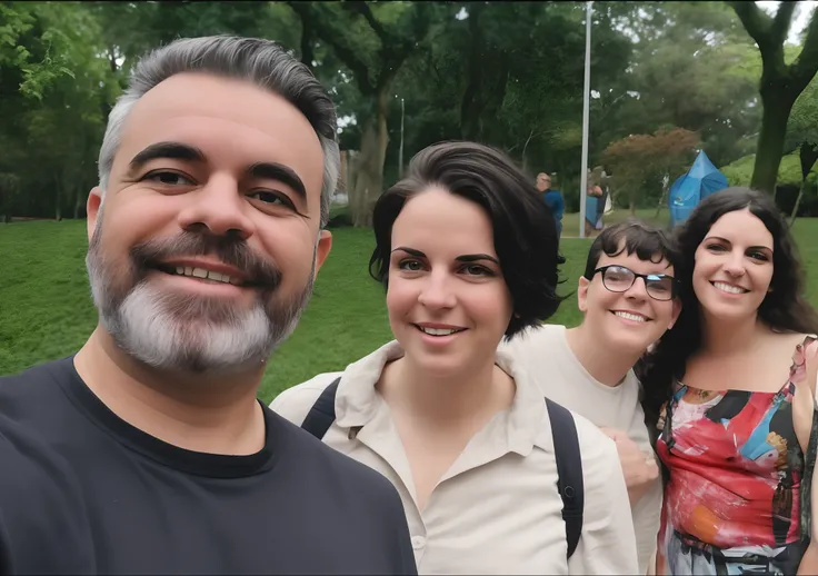 Criar imagem no estilo pixar de uma familia em um parque, In Sao Paulo, homem com cabelo e barba grisalhos, pele morena clara, mulher branca com cabelos lisos pretos e curtos, garota branca com cabelos pretos ondulafos grandes e garoto branco de cabelos pr...