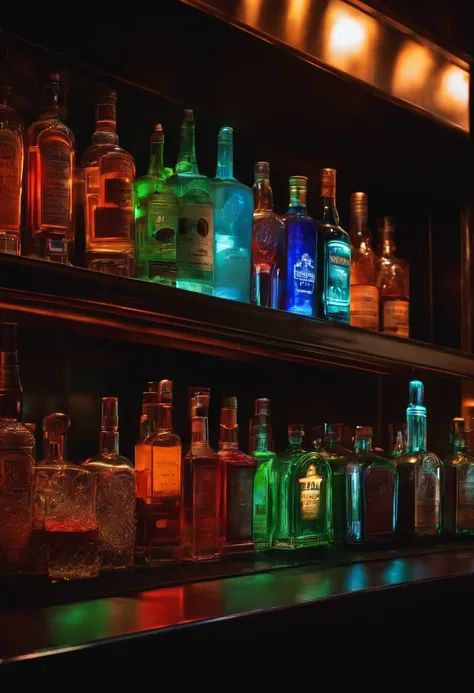 a bar counter, neons, glass, Bottles lined up