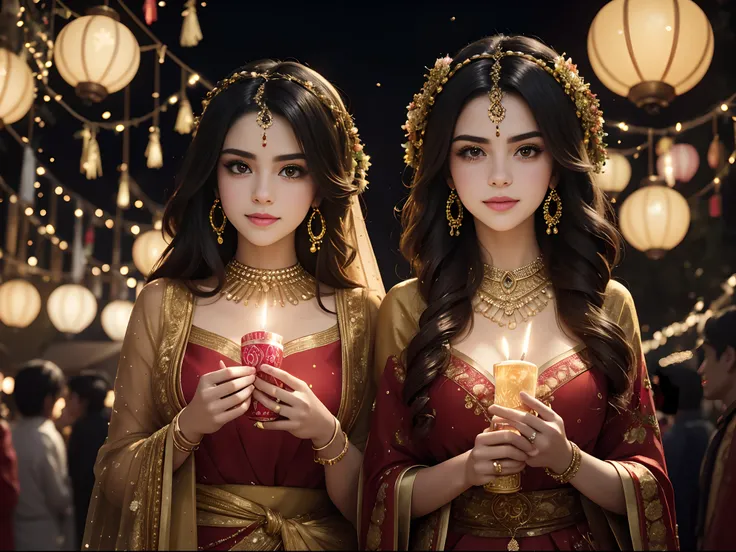 Create a captivating illustration of a stunningly beautiful girl (((selena Gomez:Emma Watson:0.7))) lighting a candle and posing for a photo during the festival of lights. She is dressed in traditional attire (( lue aesthetic dress)) adorned with intricate...