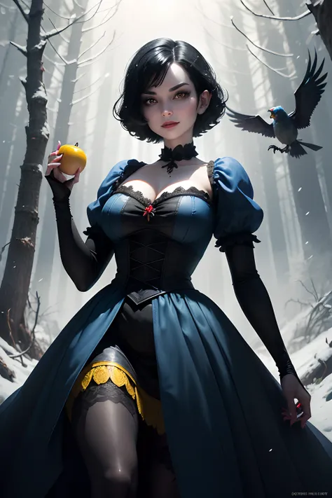 A zombie Snowwhite (very evil looks) of  snow white and seven dwarfs (very evil looks), snow white the Disney princess from snowwhite animated movie, creepy and beautiful zombie Snowwhite, big boobs, sexy look, pale skin of zombie, evil and sexy looks at t...