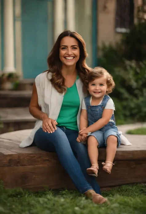 Pixar. Casal com sua filha menor. A menina tem os cabelos castanho escuro e soltos. Camiseta azul e jeans claro, sorriso largo. O menino de cabelos curtos quase careca, sem barba. Dark blue jeans and green t-shirt. They are both smiling and are 37 years ol...