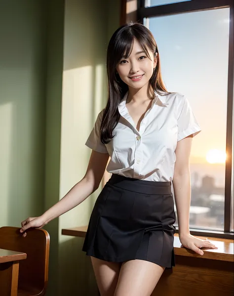 ((1人の女性,1 female teacher,40 years,Business suit with mini skirt,Plain Business Suit,tight miniskirt,suits,Being in a school classroom,Standing on the windowsill of the school,Beautiful sunset on background,Looking at the camera,Take photos from the waist u...