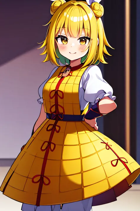 Mayumi Joutouguu, yellow eyes, yellow hair, bob cut, two hair buns held by a white cloth, yellow lamellar armor, short white sleeves, white pants, yellow skirt, purple armguards secured with red rope, dark blue boots, blush, smile