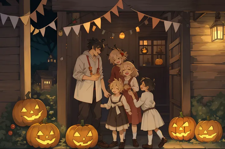 Create a detailed, high-quality fan art cover for a doujinshi based on a slice-of-life anime series, featuring a close-knit family enjoying Halloween together. The scene should depict a festive and joyous atmosphere, with the family members laughing and su...