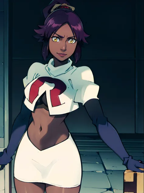 yoruichi shihouin, (yellow eyes:1.5), ponytail, purple hair, dark skin, dark-skinned female, team rocket, team rocket uniform, red letter R, white skirt, white crop top, black thigh-high boots, black elbow gloves, evil smile