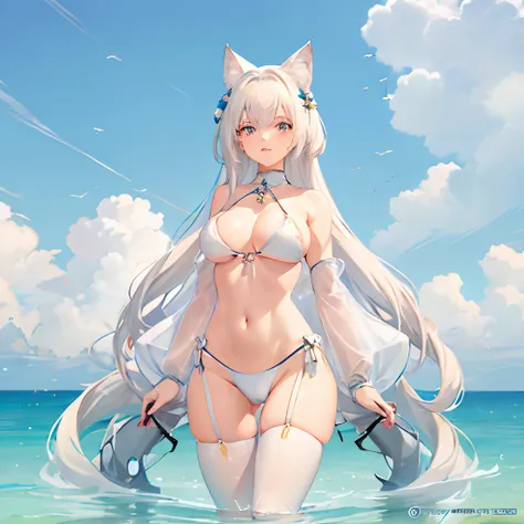 Bikini and cat-eared woman in chains, White Cat Girl, white - haired fox, White fox anime, SFW version, azur lane style, White fox, Top Rated on pixiv, Trending on ArtStation pixiv, pixiv 3dcg, from the azur lane videogame, from arknights, Large Chain