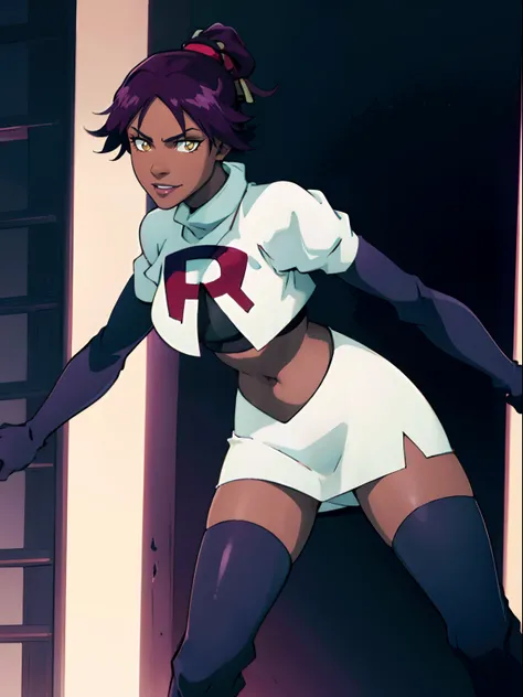 yoruichi shihouin, yellow eyes, ponytail, purple hair, dark skin, dark-skinned female, team rocket, team rocket uniform, red letter R, white skirt, white crop top, black thigh-high boots, black elbow gloves, evil smile