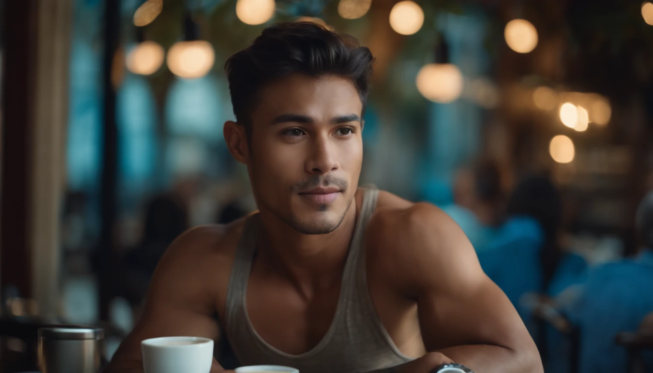 photo of stunning handsome muscular Thai men, no female, honey eyes, short messy windy light brown hair, flipping hair, closeup zoomed in tight crop portrait, sitting at a cafe (french coffee shop scene:1.2) wearing a (linen shorts no shirt:1.3) (coffee in...