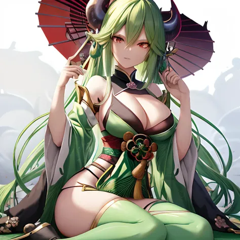 A woman with horns and green hair is sitting, portrait onmyoji, Onmyoji, onmyoji detailed art, tatsumaki, Official Character Art, render of april, anime monster girl, Uncompressed PNG, mika kurai demon, Ayaka Genshin Impact, tatsumaki from one punch man, k...