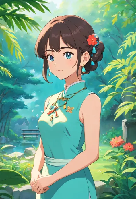 Girl in an anime collar, Long necklaces and earrings, In the style of a tranquil garden landscape, colorful animation stills, qipao dress, aquamarine, paul gauguin, Embry style, Honest portrayal